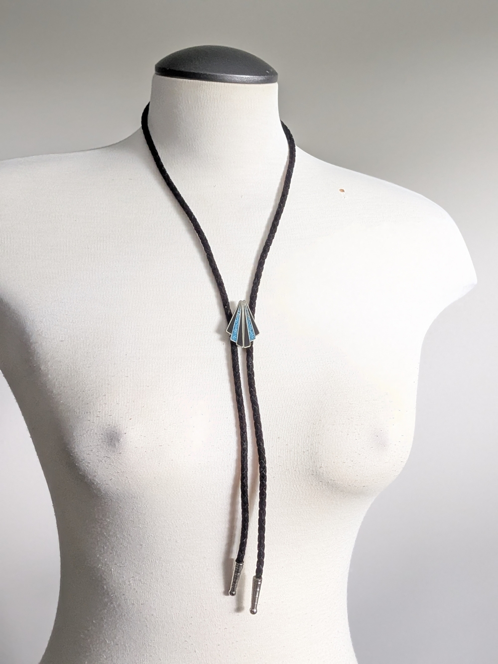 Black Braided Bolo Necklace  Turquoise Blue Black Pendant